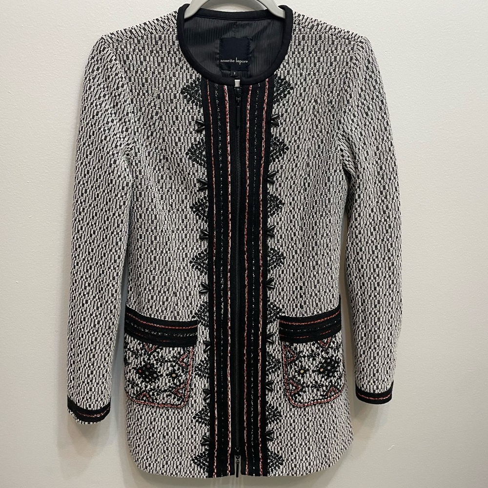 Nanette Lepore Woven Beaded Stitched Black White Patterned Long Blazer Jacket